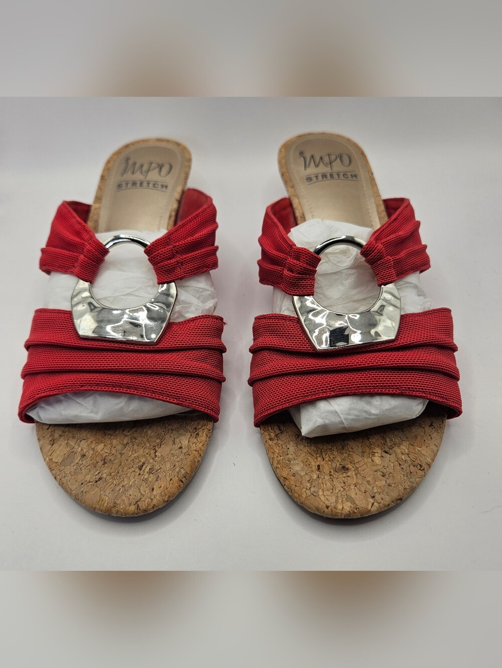 Impo Red Fabric Slide Sandals with Decorative Silver Ring.